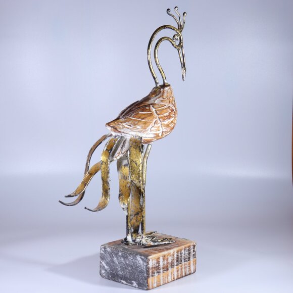 Wood & Metal Bird Peacock (?) Wood Base Figurine Decor Handmade 14" Height. - Picture 6 of 8